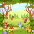 Forest landscape with wild baby animals.